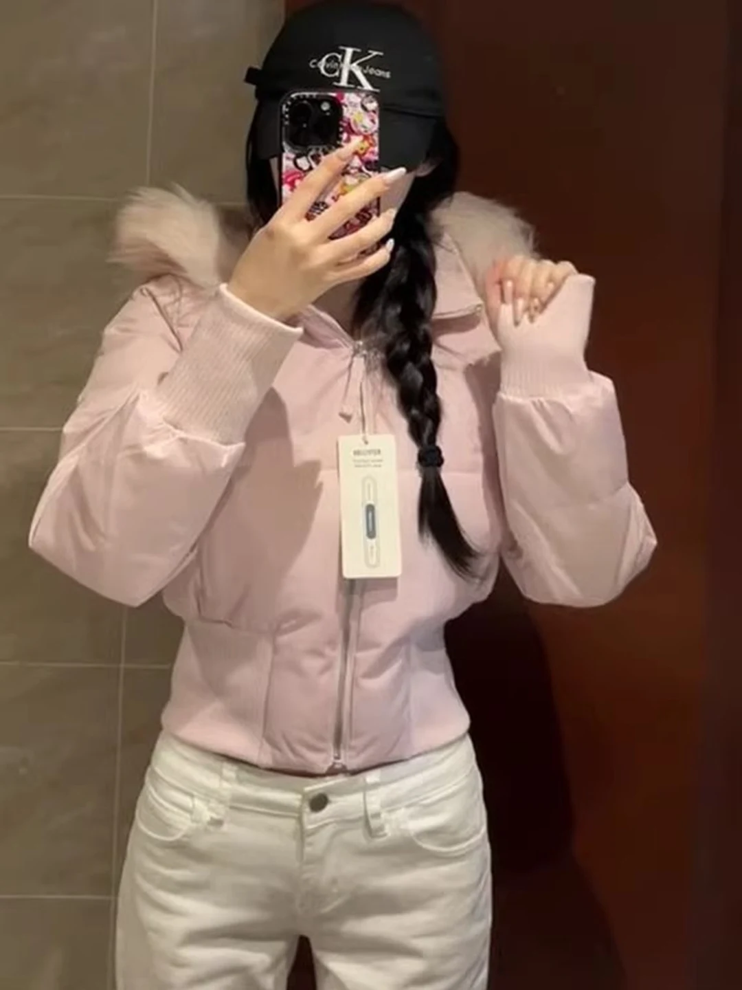 핑크 코튼 재킷 여성 코트 허리 조임 퍼 칼라 후드 숏 하이웨이스트 한국 스타일 가을 신상품