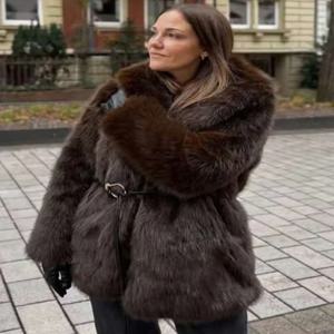 여성용 라펠 인조 모피 코트 벨트 포함 겨울 패션 우아한 긴 소매 두꺼운 따뜻한 재킷 캐주얼 여성 스트리트 아우터웨어