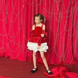 맞춤형 벨벳 플라워 걸 웨딩 드레스, 리본 퍼프 소매가 있는 계층형 드레스, 어린이 크리스마스 의식 성찬식 가운