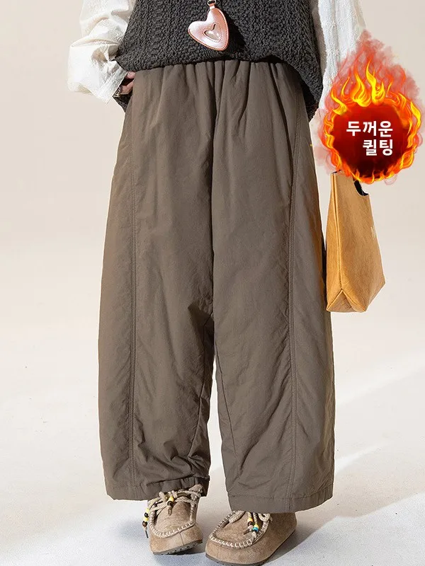 루즈핏 코튼 와이드 레그 팬츠 하이웨이스트 밴딩 플러스 사이즈 여성 캐주얼 바지 가을 겨울 패션 플러스 사이즈