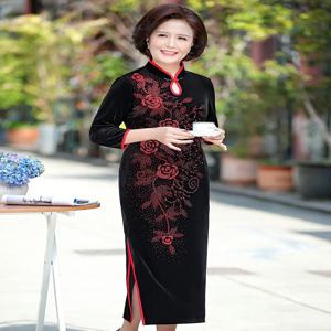 중년 및 노년 여성용 우아한 벨벳 롱 치파오 드레스, 비즈 장식, 플러스 사이즈, 봄 신상, 할머니 옷