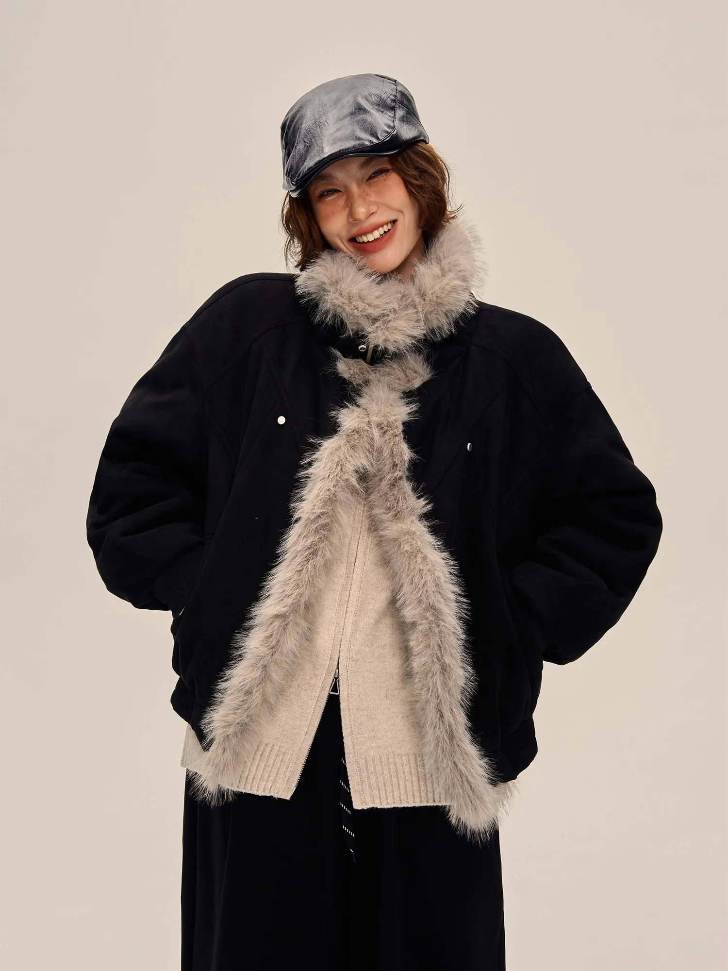 남성용 두꺼운 스웨이드 따뜻한 재킷 겨울 코트 퍼 칼라 스트리트 스타일 루즈핏 긴 소매 스탠드 칼라 후드 없음