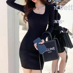 [브리치]  / 슬림 U넥 골지 타이트 간절기 봄 미니 기장 원피스