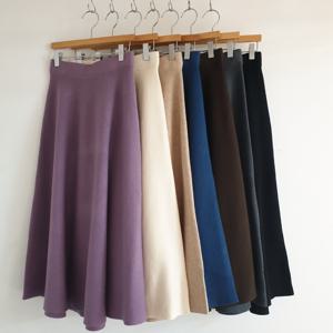 여성 부드러운 밴딩 무지 a라인 니트 롱 스커트 플레어 치마