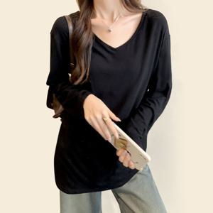 여성 롱슬리브 티셔츠 V넥 오버핏 레이어드 긴팔티