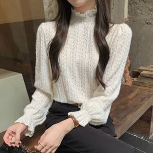 에이치플러스몰 여성 반하이넥 기모 레이스 시스루 긴팔 블라우스 블라우스 긴팔블라우스