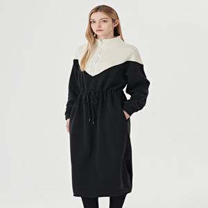 하이넥 집업 배색 기모 허리 스트링 포켓 롱 원피스 (GODOW018D)