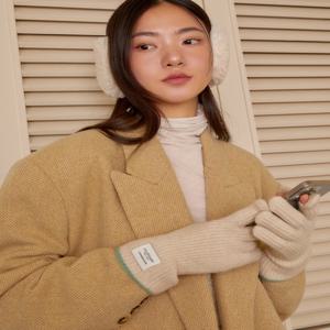 [선물포장] 아이보리 울 캐시미어 혼방 라인 배색 핑거홀 장갑 JAGV5F621I2