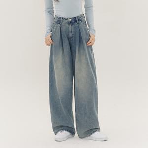 연청 더블 핀턱 벌룬핏 남여공용 와이드 데님 팬츠