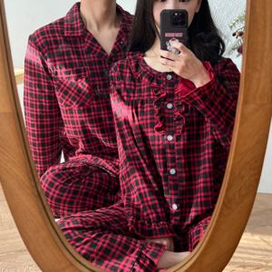 [브리치]  / (세트) 도톰한 순면 기모 커플 딥레드 체크 잠옷 겨울 파자마