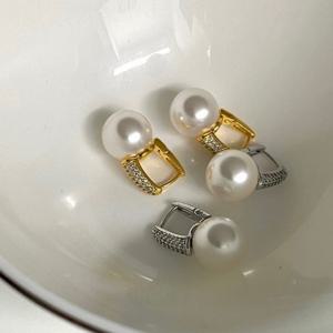 [브리치]  / 지르코니아 큐빅 볼드 드롭 진주귀걸이