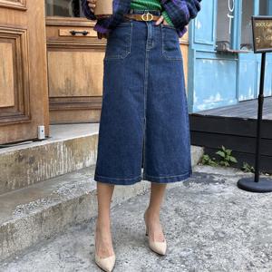 여성 기모 스판 육각포켓 데님 롱스커트 앞트임 청치마
