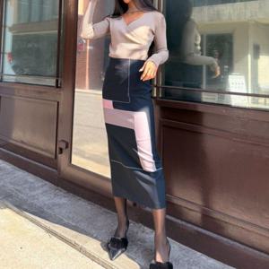 여자 패턴 H라인 트임 하이웨이스트 롱스커트 (23449507)