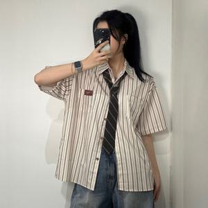 셔츠 + 넥타이 SET 오버핏 스트라이프 반팔 남방 [2color 남녀공용 루즈핏 라벨 줄무늬 단가라 난방 타이 세트 여름 빈티지]