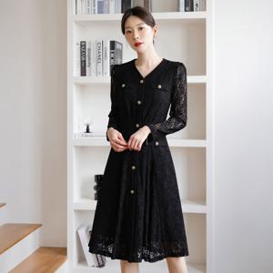 (~XXL까지) 오델라 골드 버튼 레이스 원피스 가을 하객룩 오피스룩 모임룩 격식룩 빅사이즈