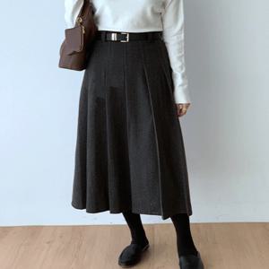 [하프클럽] 여성 모직 플리츠 롱스커트 벨트세트 A라인 겨울 하객룩 차콜 블랙