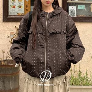 [MADE] 빅사이즈 44- 110 빈텔링 도트 프릴 투웨이 스트링 하이넥 바람막이 후드 점퍼 경량 패딩