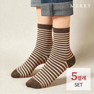 [메리삭스] 무무 스트라이프 베이직 링글 양말 5켤레 세트/여성양말