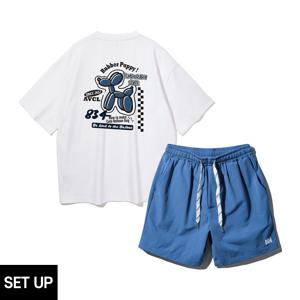 [SET]  러버퍼피 오버핏 반팔티 스트링 포인트 우븐 반바지 셋업