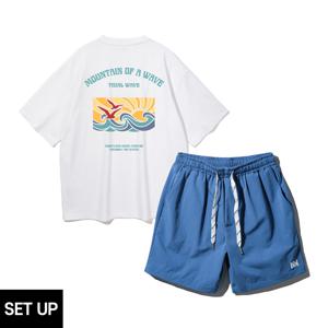 [SET]  TIDAL WAVE 오버핏 반팔티 스트링 포인트 우븐 반바지 셋업