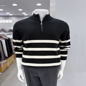 남자 모직 울 혼방 하프터틀넥 반목폴라 집업 니트 스웨터 티셔츠 블랙 스트라이프_JK
