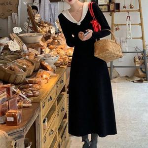 [하프클럽] 바알 봄 가을 겨울 하객룩 브이넥 카라 니트 롱 원피스 블랙 데이트룩 상견례 피로연 파티룩