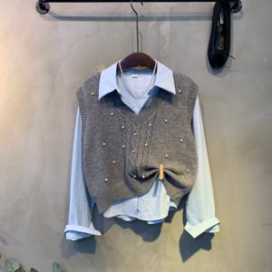 [브리치]  / (봄신상 무료배송)포센 진주 브이넥 꽈배기 니트 조끼 카라 셔츠 세트 3color