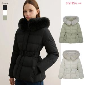 시스티나 시그니처 여성 탈착 폭스퍼 후드 밴딩 벨트 숏 덕다운 패딩