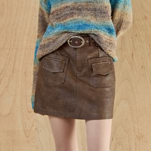 투 포켓 페이크 레더 미니 스커트