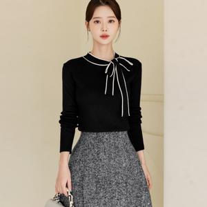 포일라 리본장식 배색 니트 봄 가을 간절기 긴팔니트 데이트룩 모임룩 미시룩 오피스룩