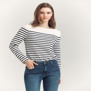 헤지스 여성 [[24FW]] HSTS4DC82IV [면100%] 아이보리 스트라이프 버튼 장식 긴소매 티셔츠