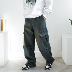 남녀공용 겨울 융털 기모 밴딩 청바지 파라슈트 와이드 카고 데님 팬츠 4color
