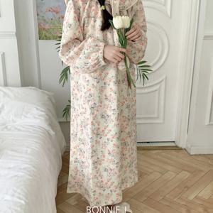 [브리치] 보니제이 / 셔링 플라워 누빔 원피스 잠옷 홈웨어 레이어드 후드