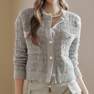 [마쟈] 트위드 테잎사 꽃단추 라운드넥 가디건