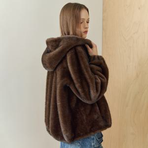 후드 페이크 퍼 집업 자켓