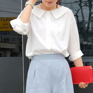 여성플랫  빅카라 블라우스 흰색 화이트 셔츠 남방 7부 소매 빅사이즈 중년 미시 오피스룩 정장 여름 썸머 쉬폰 텐셀 간절기