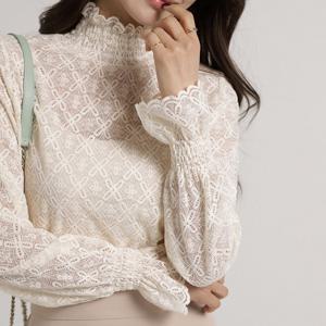 여성 시스루 웬디 레이스 셔링 반목 블라우스 레이어드 이너티 속티