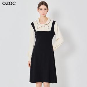 니트 배색 타이 플레어 원피스