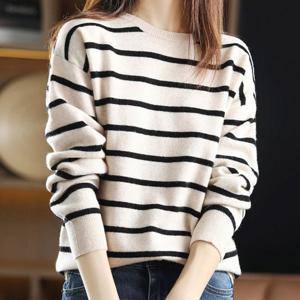 스트라이프 라운드 니트 티 티셔츠 겨울 여성 여자 줄무늬 라운드 긴팔 여성티셔츠