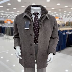 남자 울50% 캐시미어50% 토끼털 밍크 카라 분리형 겨울 하프 싱글 집업반코트 총장 84cm