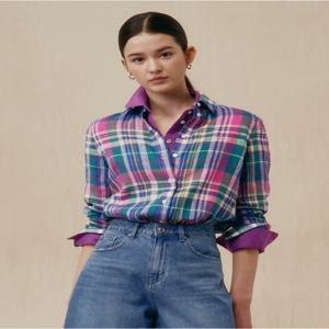 헤지스 여성 HSSH5B321P2 핑크 체크 린넨 셔츠