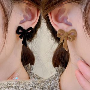 겨울 심플 예쁜 리본 벨벳 패션 귀걸이 925 실버 은침 장미 반지