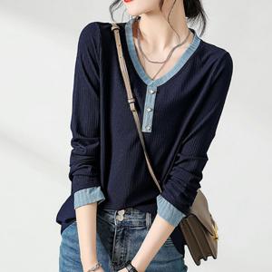 [브리치]  / NT1354 배색 포인트 브이넥 긴팔 티셔츠