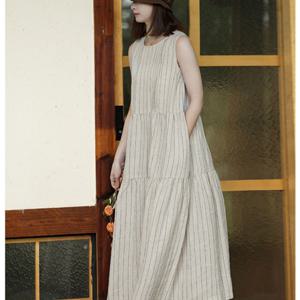 252285 - 핀턱 스트라이프 린넨면 롱원피스 코튼원피스 빅사이즈원피스 면원피스 여름원피스 맥시롱원피스