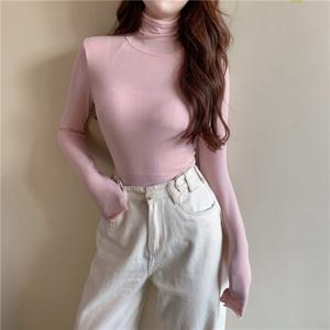 [당일배송] 사랑스러운 핑크 시스루 여성 터틀넥 목폴라 긴팔티