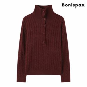 정상가:69,000원 ㅣ 하이넥 반버튼 꽈배기 긴팔 니트 (XP4KT024L0)