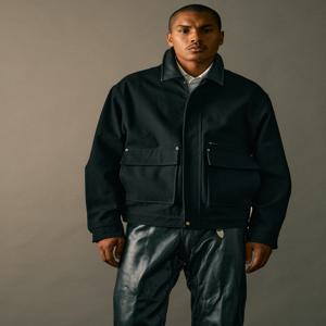 남성 HZJU5F803BK [HIS] 블랙 가죽 카라 워크 자켓