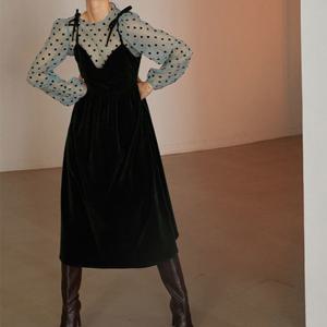 [브리치]  / 벨벳 뷔스티에 원피스 도트 시스루 셔츠 투피스 세트