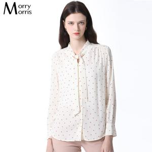 타이넥 도트 셔링 블라우스