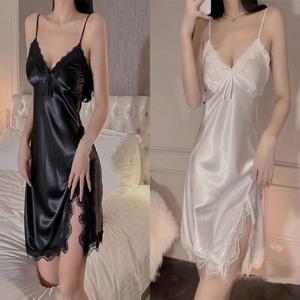 여성 탈부착캡 레이스 잠옷 홈웨어 실키 슬립 원피스